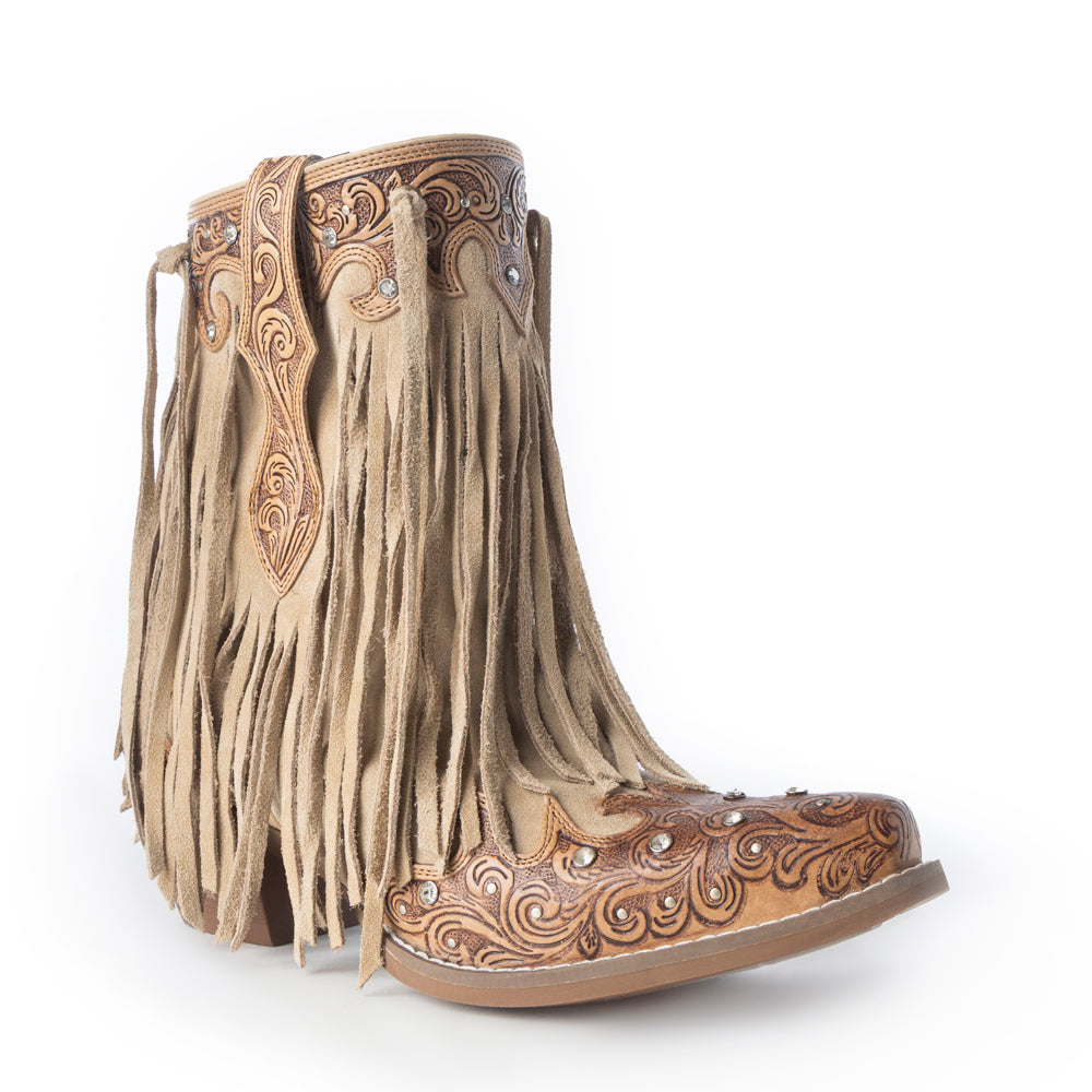 Nashville Nights Fringe Boots for Women in Ember, Handtooled Genuine Leather with Swarovski Stones - Myra USA