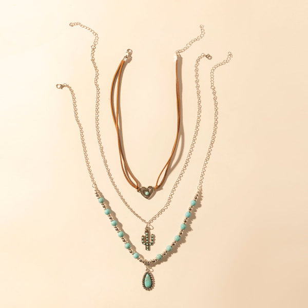 Boho Mesa Layered Necklace for Women with turquoise bead and cactus pendant detail for western wear - Myra USA