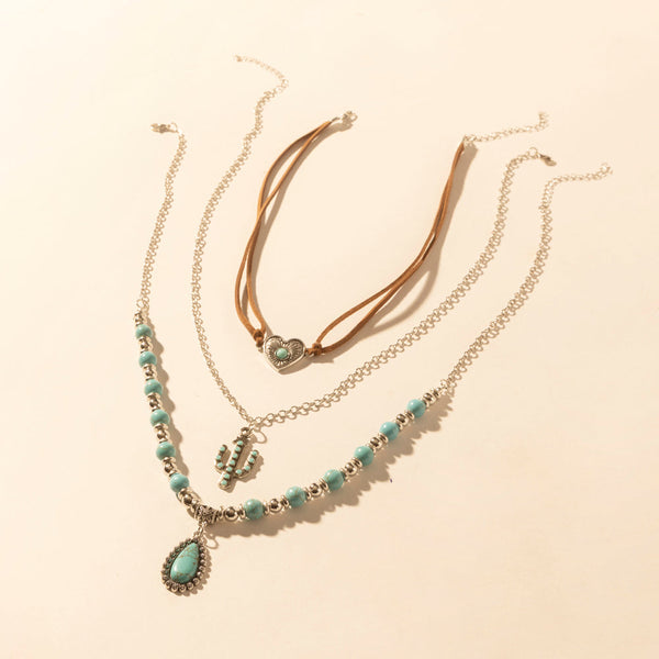 Boho Mesa Layered Necklace for Women with turquoise bead and cactus pendant detail for western wear - Myra USA