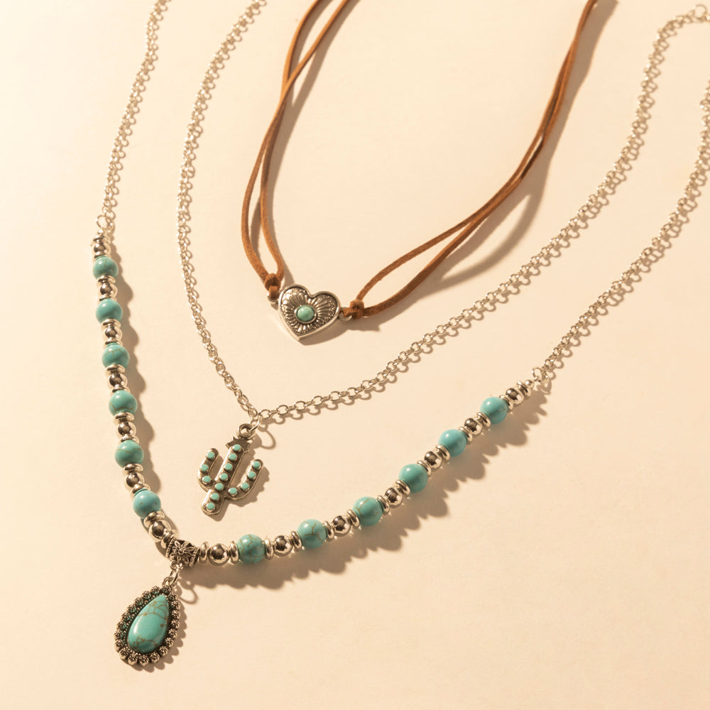 Boho Mesa Layered Necklace for Women with turquoise bead and cactus pendant detail for western wear - Myra USA