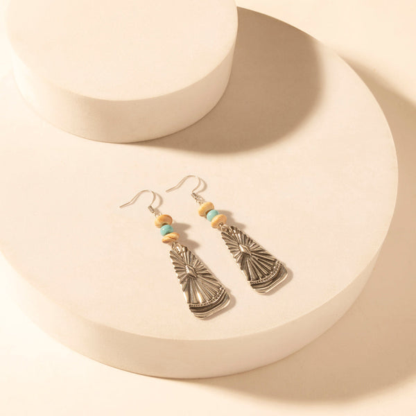 Sedona Sun Dangle Earrings for Women with turquoise tooled detail for everyday western wear - Myra USA