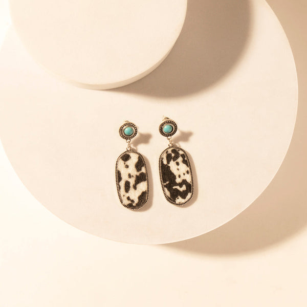 Wild Hide Dangle Earrings for Women with turquoise and cowhide print detail for premium western wear - Myra USA