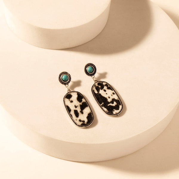 Wild Hide Dangle Earrings for Women with turquoise and cowhide print detail for premium western wear - Myra USA