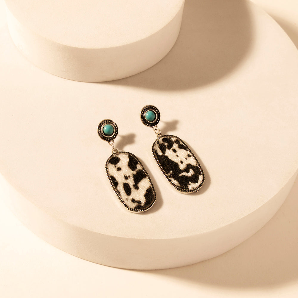 Wild Hide Dangle Earrings for Women with turquoise and cowhide print detail for premium western wear - Myra USA