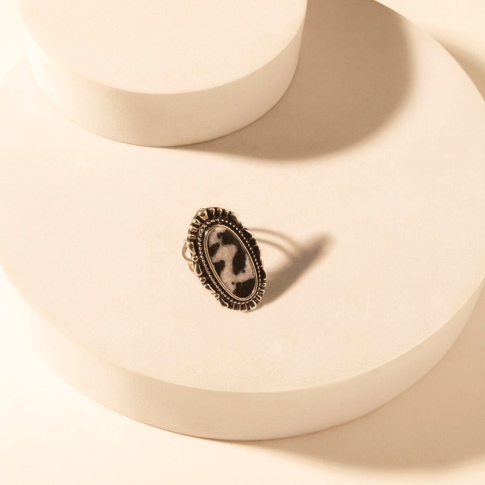Outlaw Hide Statement adjustable Ring for Women with hair-on cowhide detail for premium western wear - Myra USA