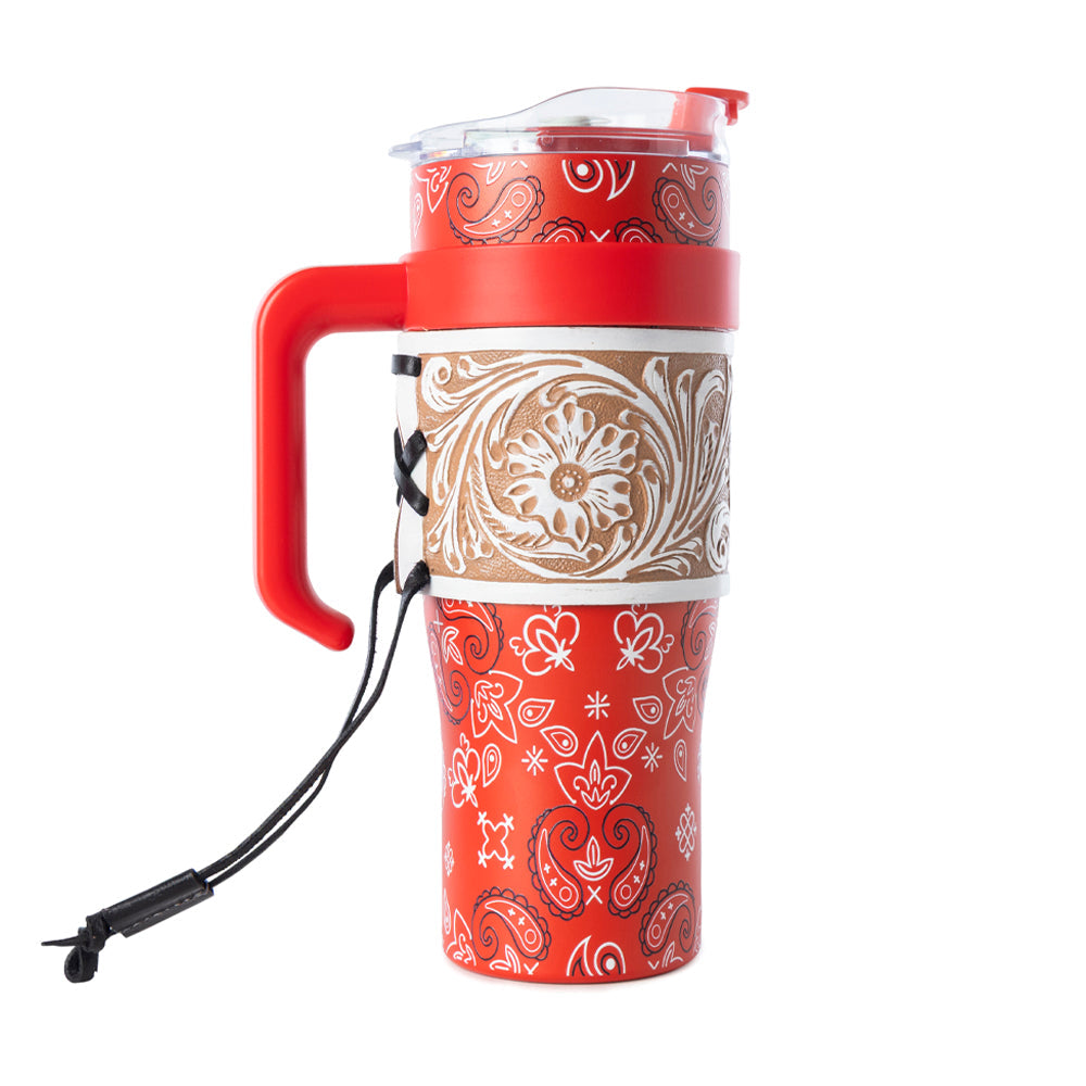 Bandana Tooled Western Tumbler in Red Stainless Steel with Handtooled Leather and Handle for Use - Myra USA