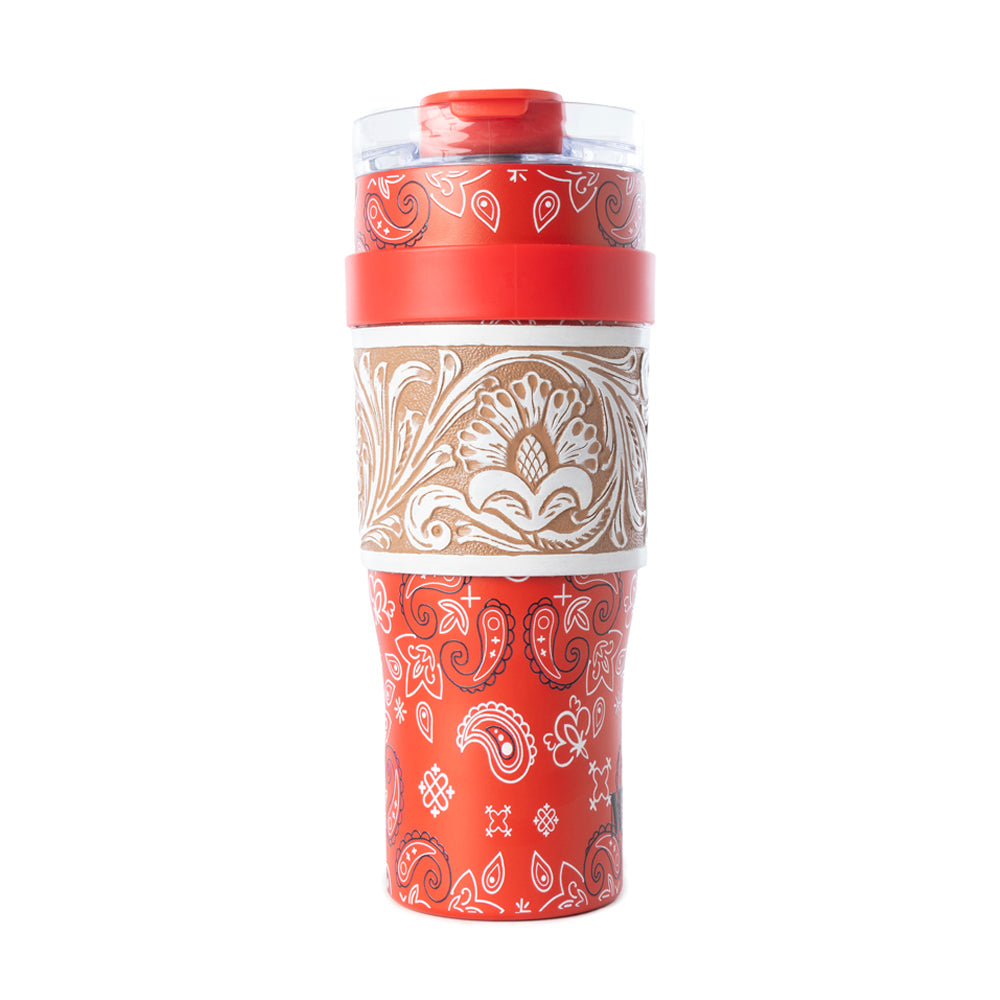 Bandana Tooled Western Tumbler in Red Stainless Steel with Handtooled Leather and Handle for Use - Myra USA