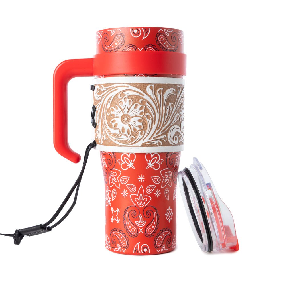 Bandana Tooled Western Tumbler in Red Stainless Steel with Handtooled Leather and Handle for Use - Myra USA