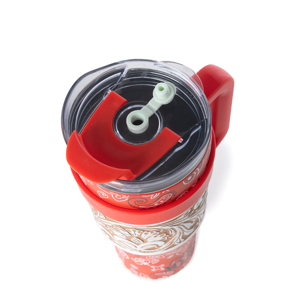 Bandana Tooled Western Tumbler in Red Stainless Steel with Handtooled Leather and Handle for Use - Myra USA