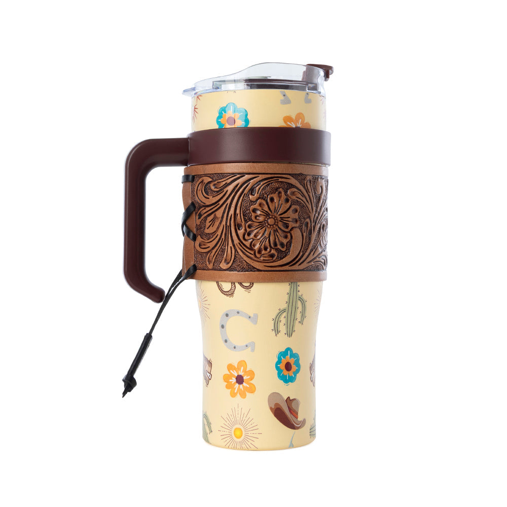 Trailkissed Western Tumbler in Yellow Stainless Steel with Leather Wrap and Handle for Everyday Use - Myra USA