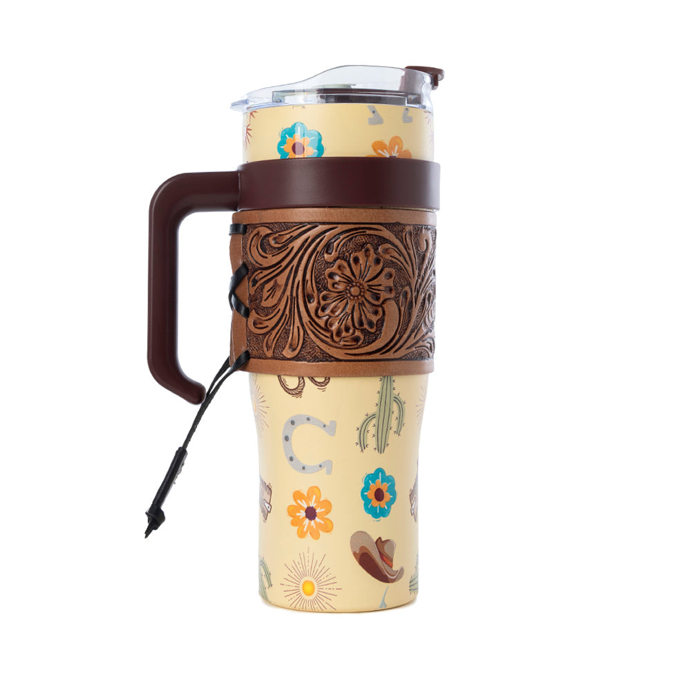 Trailkissed Western Tumbler in Yellow Stainless Steel with Leather Wrap and Handle for Everyday Use - Myra USA