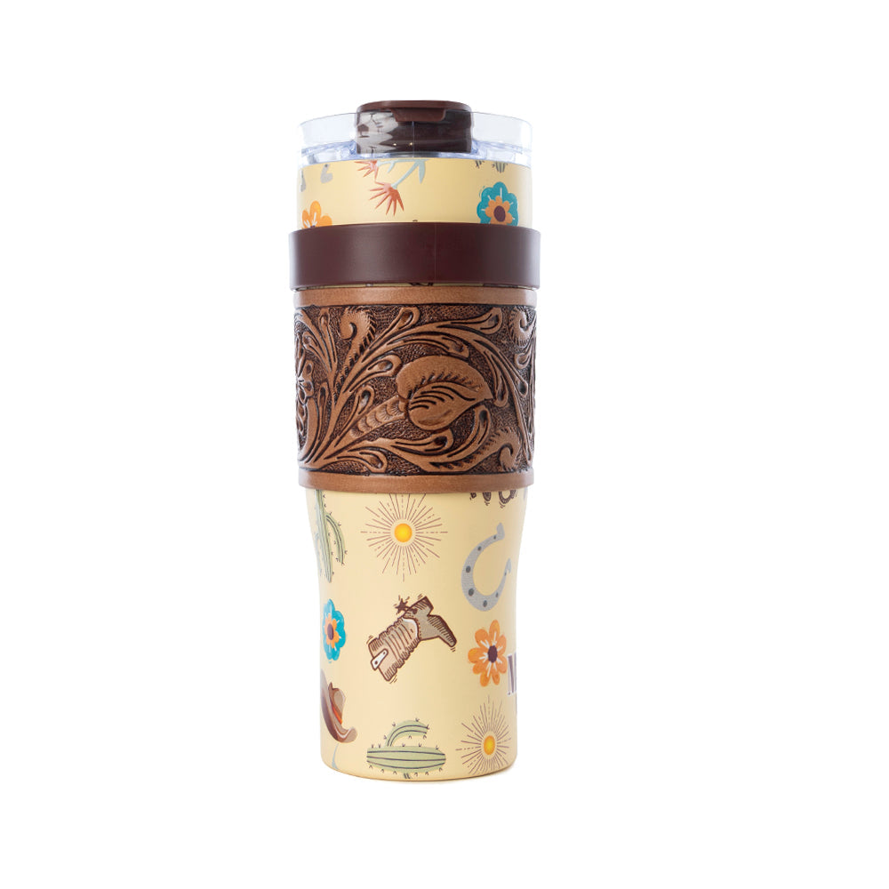 Trailkissed Western Tumbler in Yellow Stainless Steel with Leather Wrap and Handle for Everyday Use - Myra USA