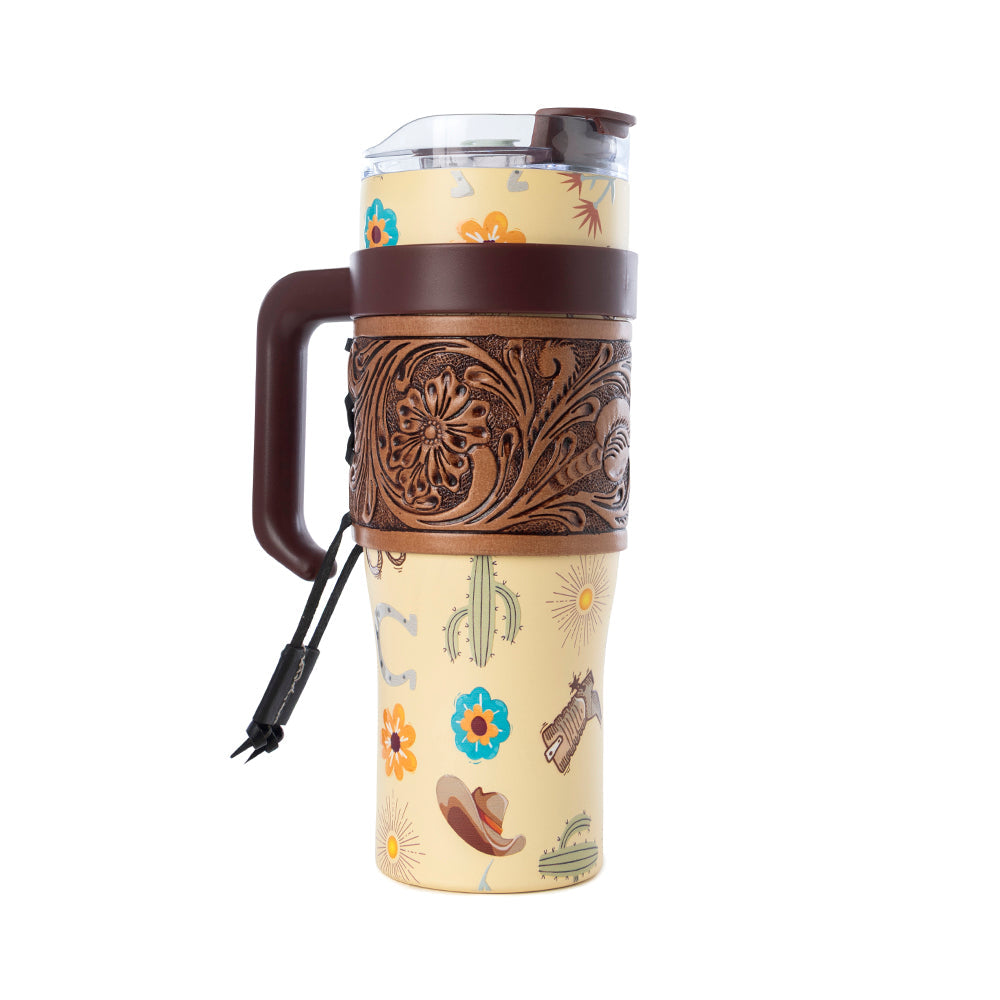 Trailkissed Western Tumbler in Yellow Stainless Steel with Leather Wrap and Handle for Everyday Use - Myra USA