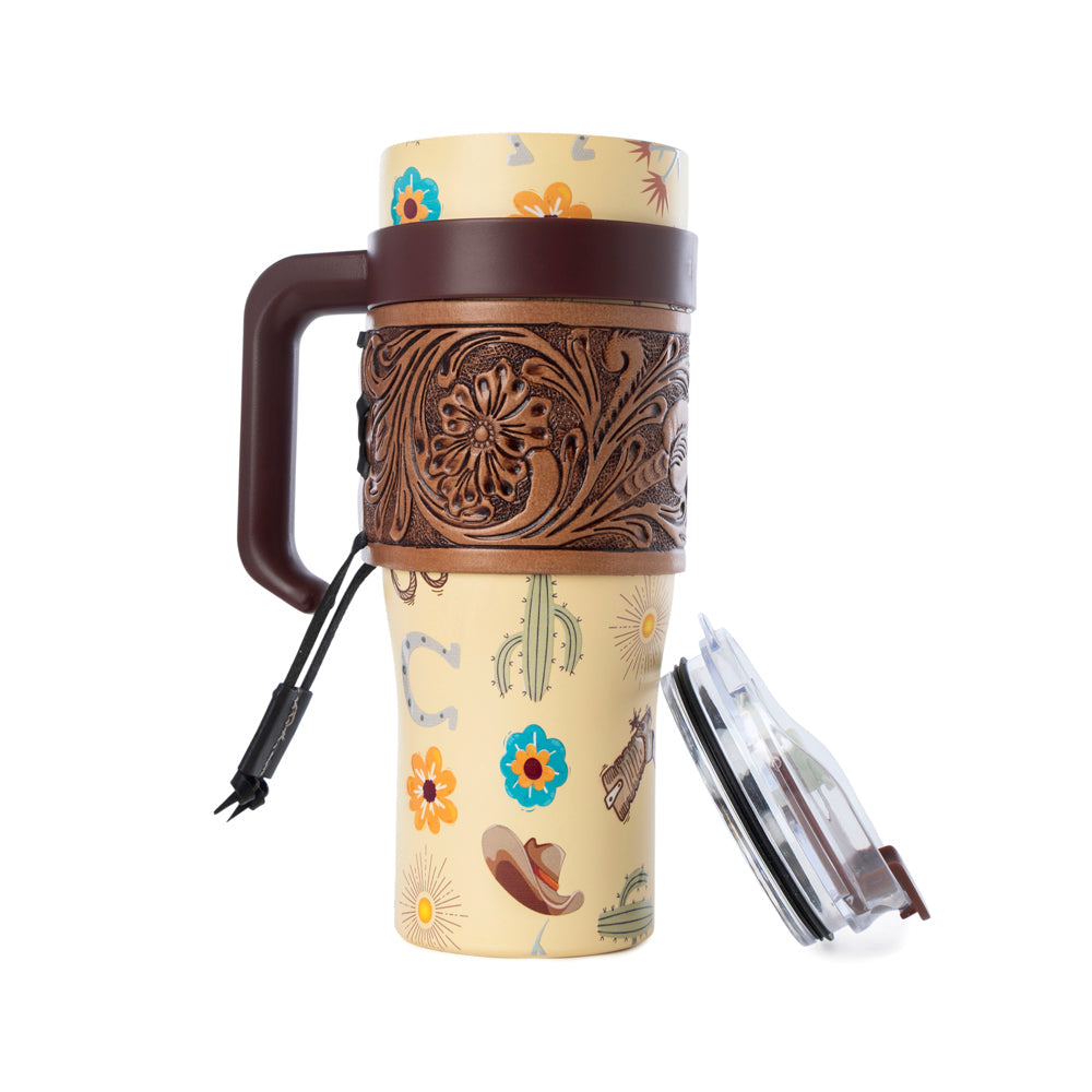Trailkissed Western Tumbler in Yellow Stainless Steel with Leather Wrap and Handle for Everyday Use - Myra USA