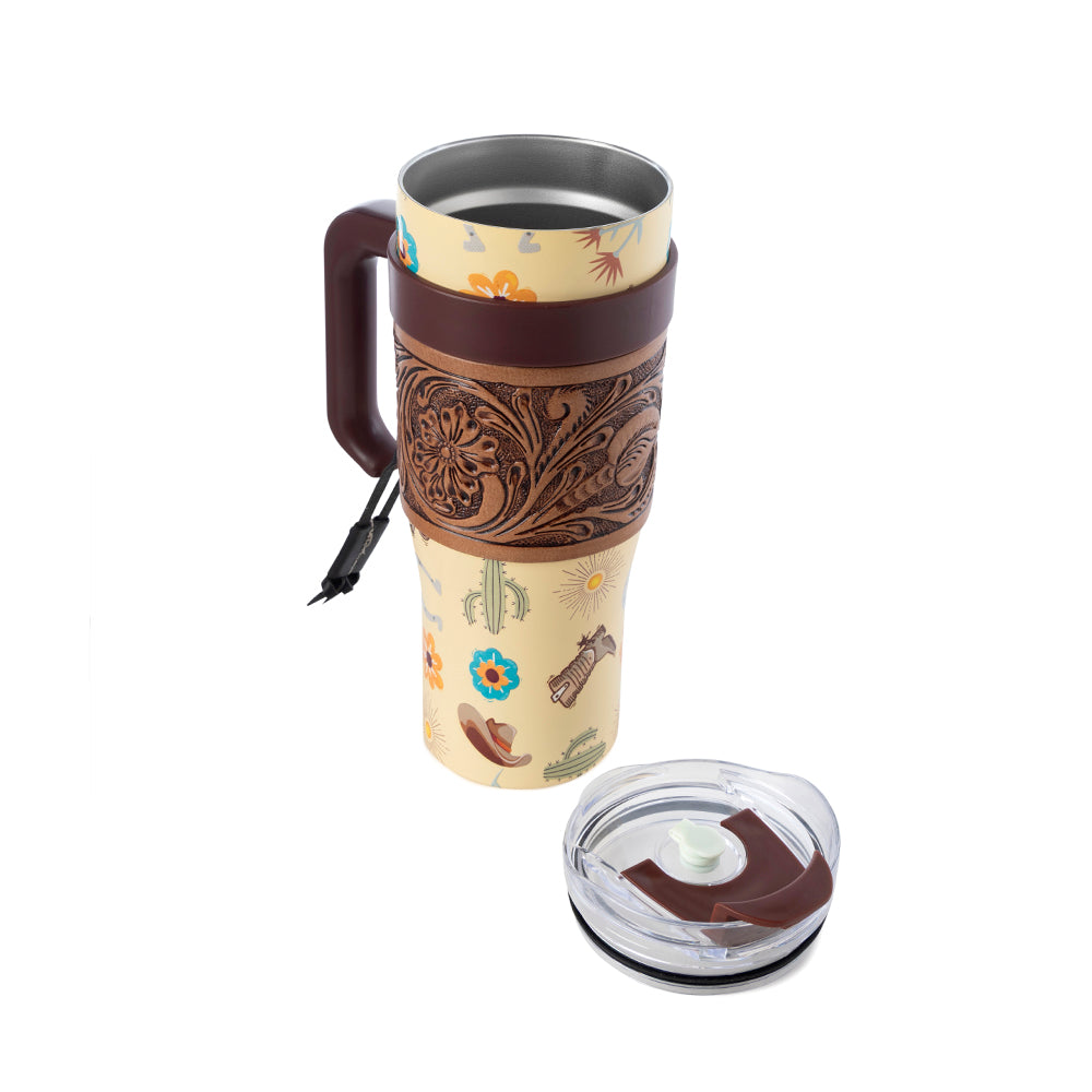 Trailkissed Western Tumbler in Yellow Stainless Steel with Leather Wrap and Handle for Everyday Use - Myra USA