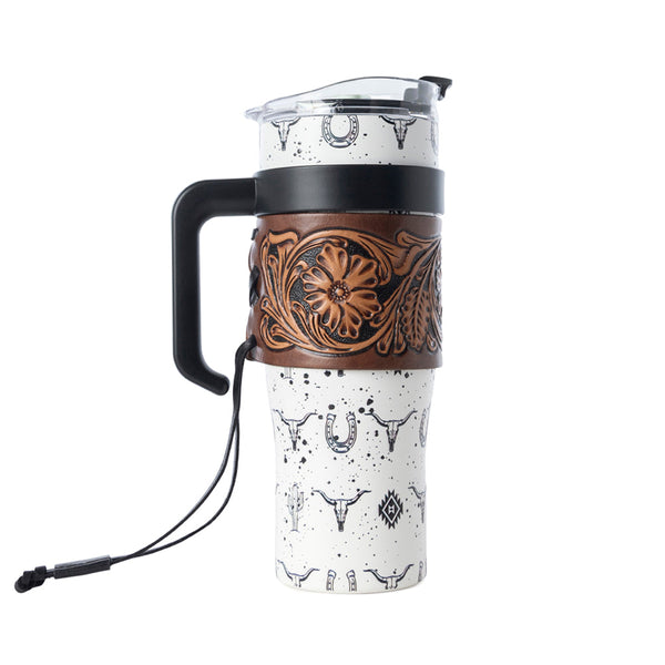 Westmark Tooled Western Tumbler in White Stainless Steel with Leather Wrap and Handle for Use - Myra USA