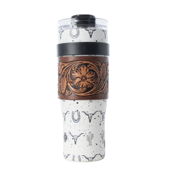 Westmark Tooled Western Tumbler in White Stainless Steel with Leather Wrap and Handle for Use - Myra USA