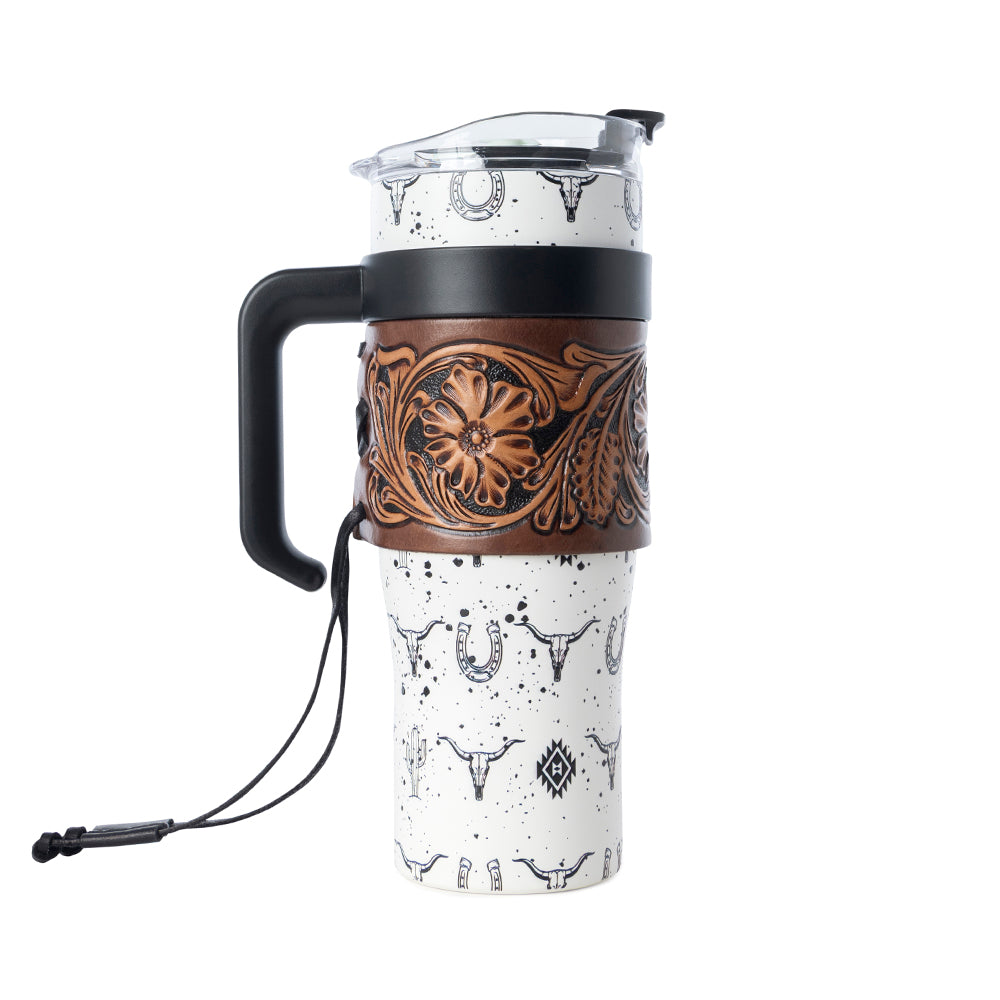 Westmark Tooled Western Tumbler in White Stainless Steel with Leather Wrap and Handle for Use - Myra USA