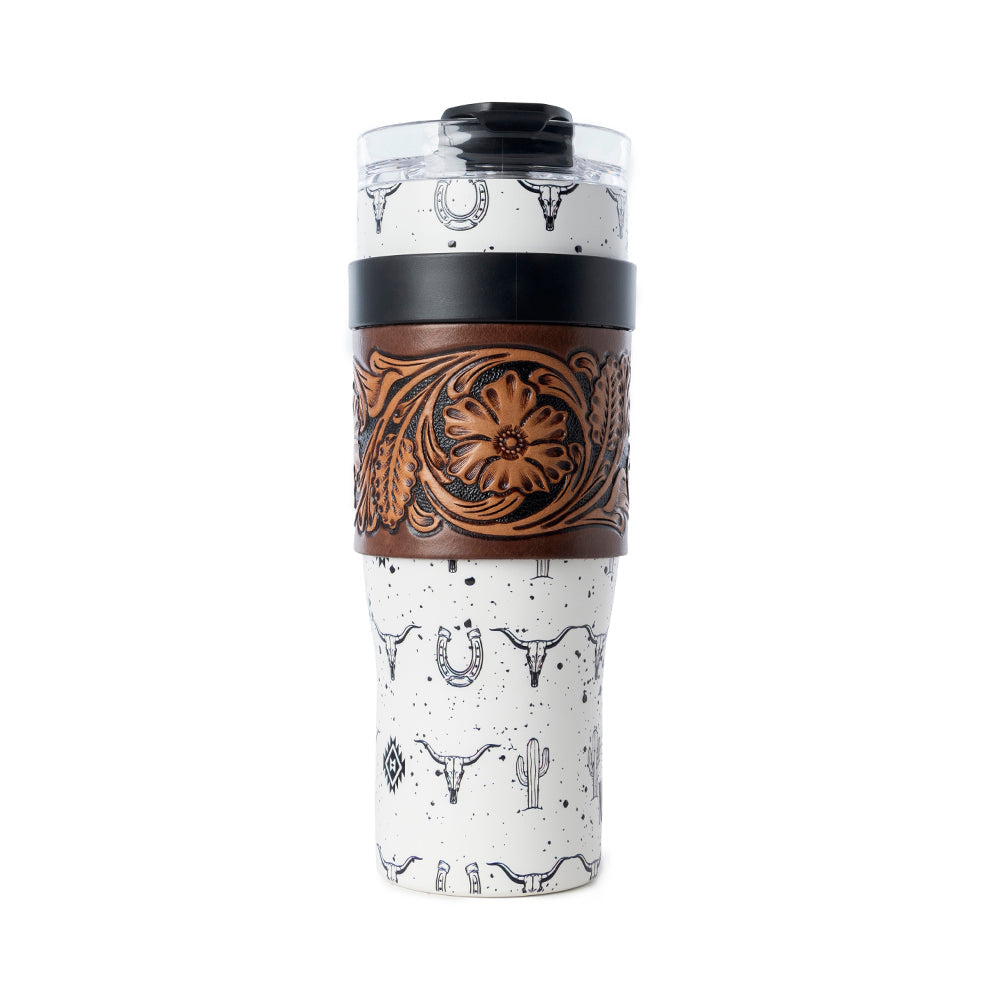 Westmark Tooled Western Tumbler in White Stainless Steel with Leather Wrap and Handle for Use - Myra USA