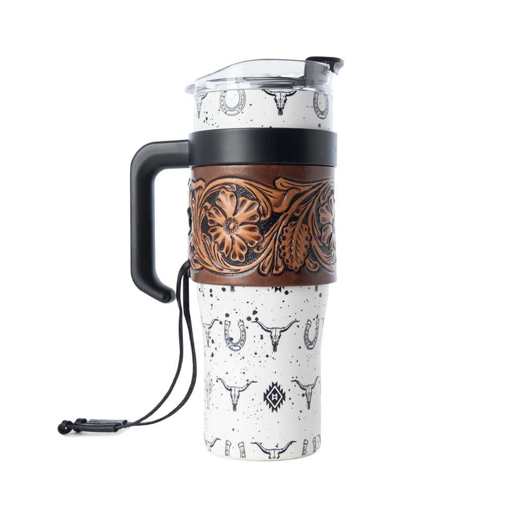 Westmark Tooled Western Tumbler in White Stainless Steel with Leather Wrap and Handle for Use - Myra USA