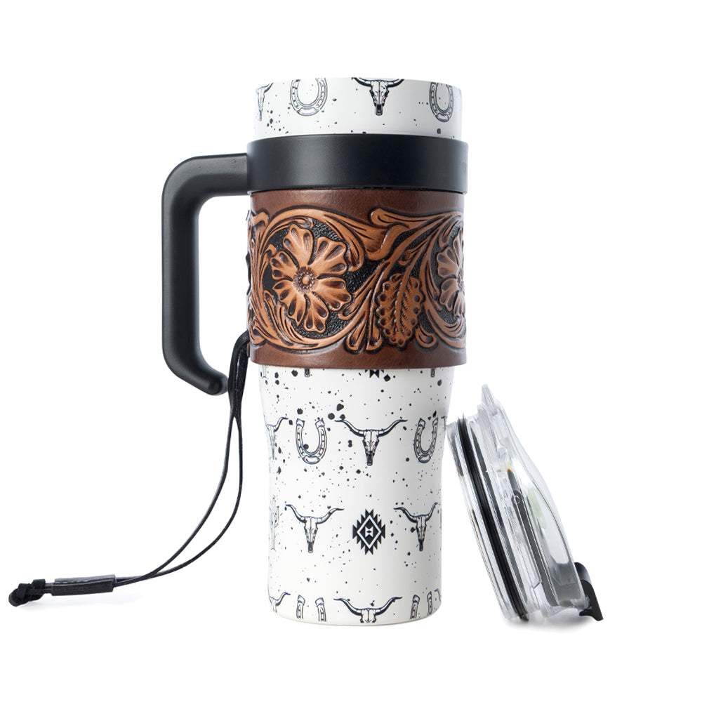 Westmark Tooled Western Tumbler in White Stainless Steel with Leather Wrap and Handle for Use - Myra USA