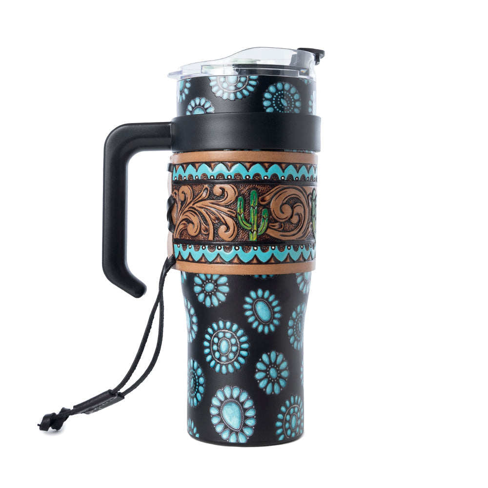 Concho Crest Western Tooled Tumbler in Black Stainless Steel with Leather Wrap and Handle - Myra USA