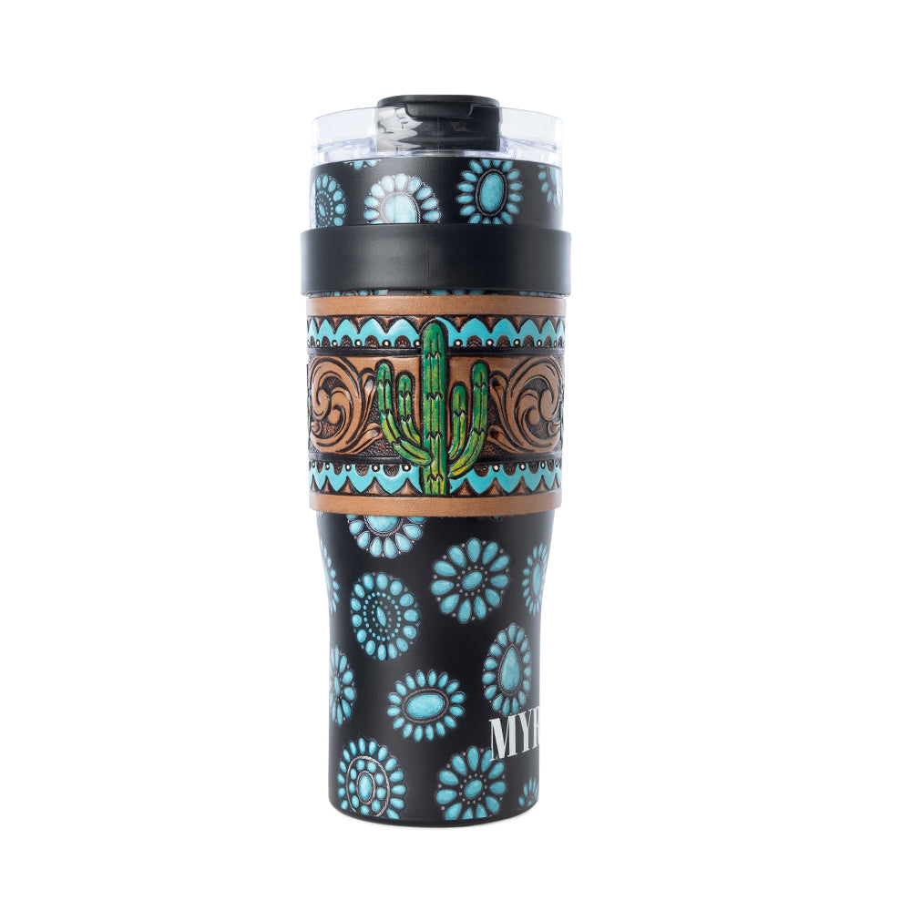 Concho Crest Western Tooled Tumbler in Black Stainless Steel with Leather Wrap and Handle - Myra USA