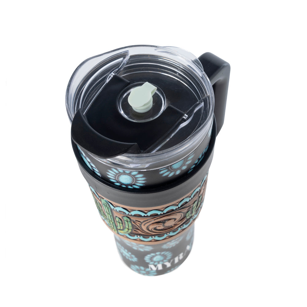 Concho Crest Western Tooled Tumbler in Black Stainless Steel with Leather Wrap and Handle - Myra USA