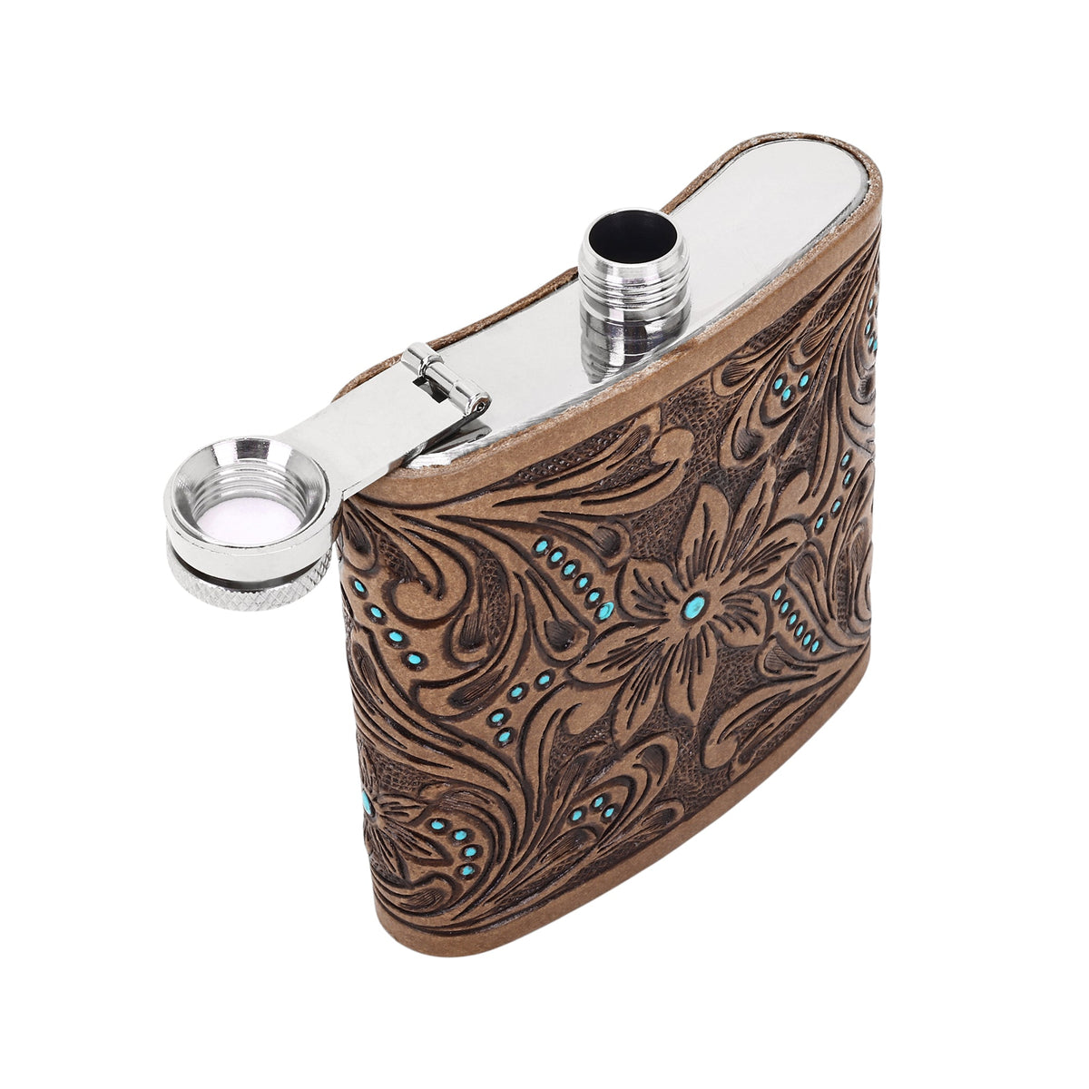 Myra Mountain Trail Flask in tan with hand tooled leather and turquoise, 6 oz - Myra USA