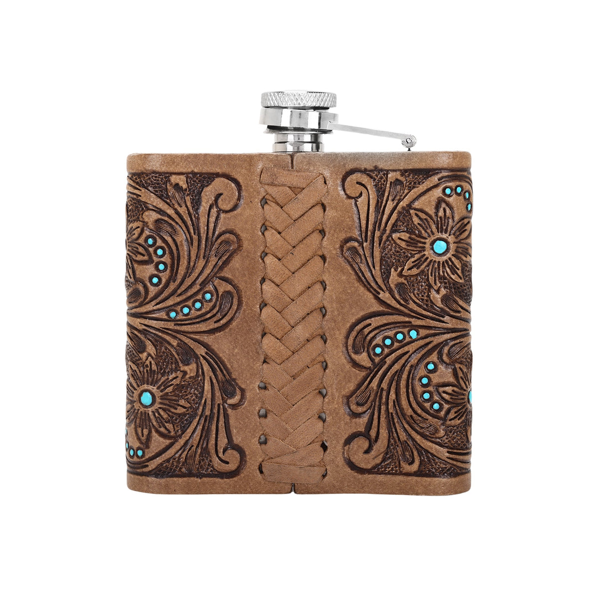 Myra Mountain Trail Flask in tan with hand tooled leather and turquoise, 6 oz - Myra USA