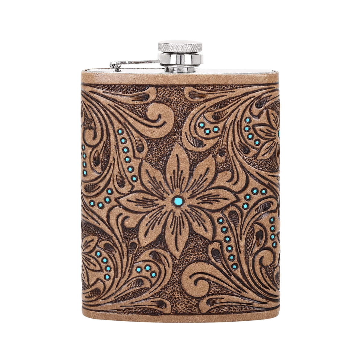 Myra Mountain Trail Flask in tan with hand tooled leather and turquoise, 8 oz - Myra USA