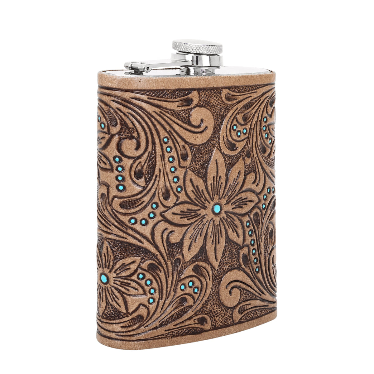Myra Mountain Trail Flask in tan with hand tooled leather and turquoise, 8 oz - Myra USA