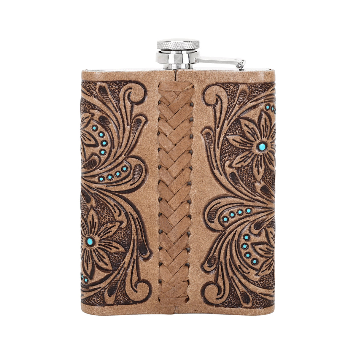 Myra Mountain Trail Flask in tan with hand tooled leather and turquoise, 8 oz - Myra USA
