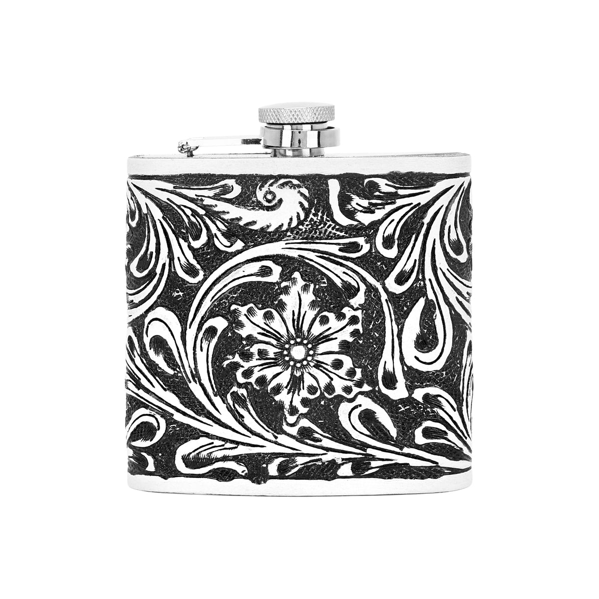 Myra Mountain Trail Flask in brown and white with hand tooled leather, 6 oz - Myra USA
