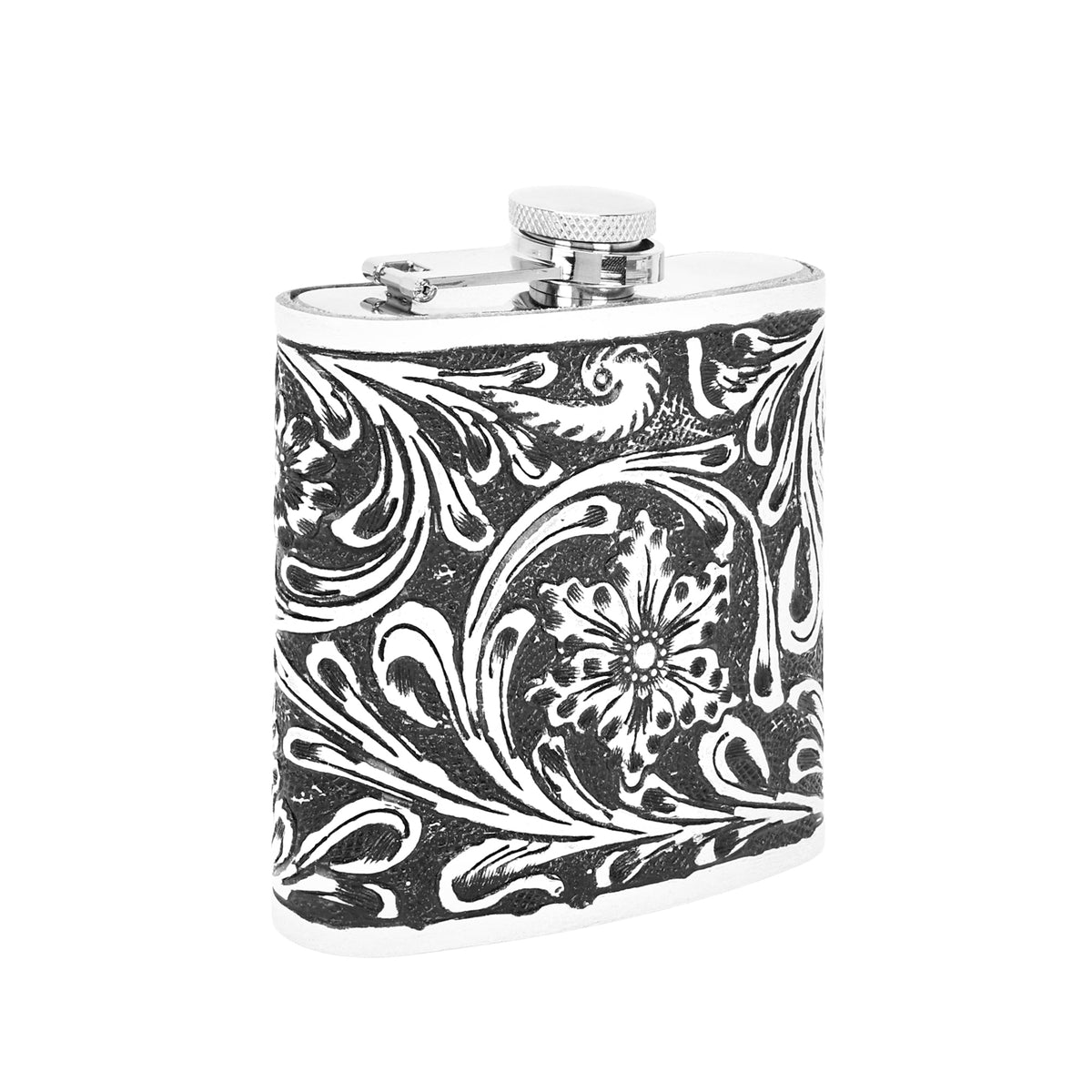 Myra Mountain Trail Flask in brown and white with hand tooled leather, 6 oz - Myra USA