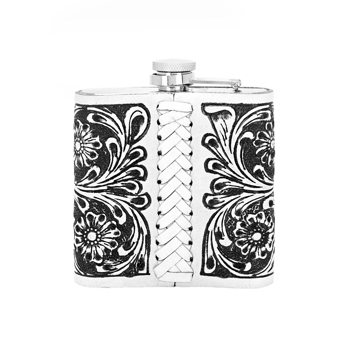 Myra Mountain Trail Flask in brown and white with hand tooled leather, 6 oz - Myra USA