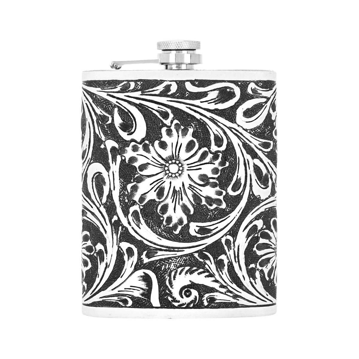 Myra Mountain Trail Flask in brown and white with hand tooled leather, 8 oz - Myra USA