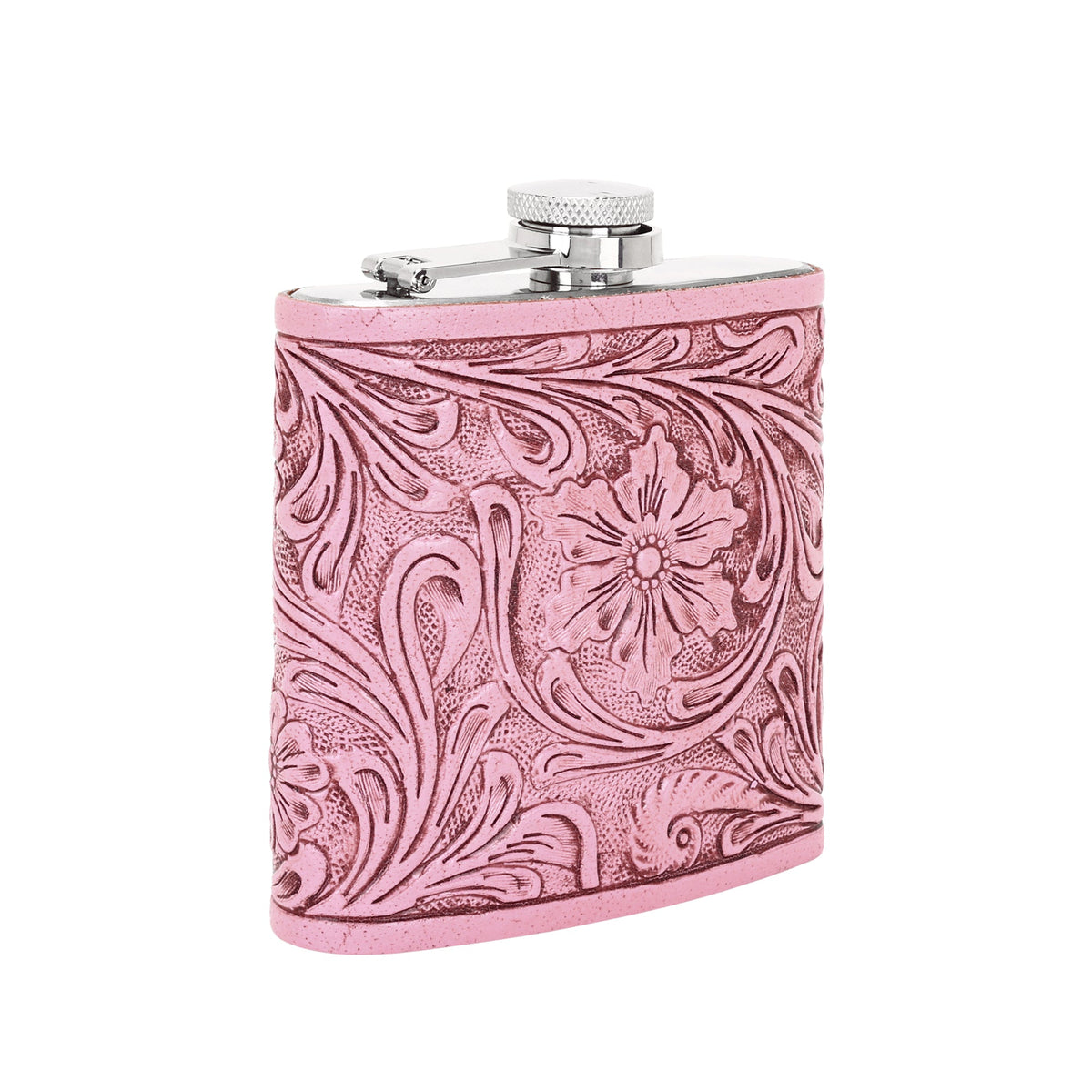 Myra Mountain Trail Flask in pink with hand tooled leather, 6 oz - Myra USA