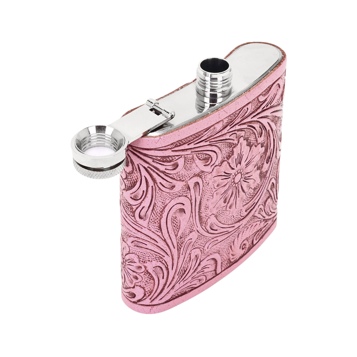 Myra Mountain Trail Flask in pink with hand tooled leather, 6 oz - Myra USA