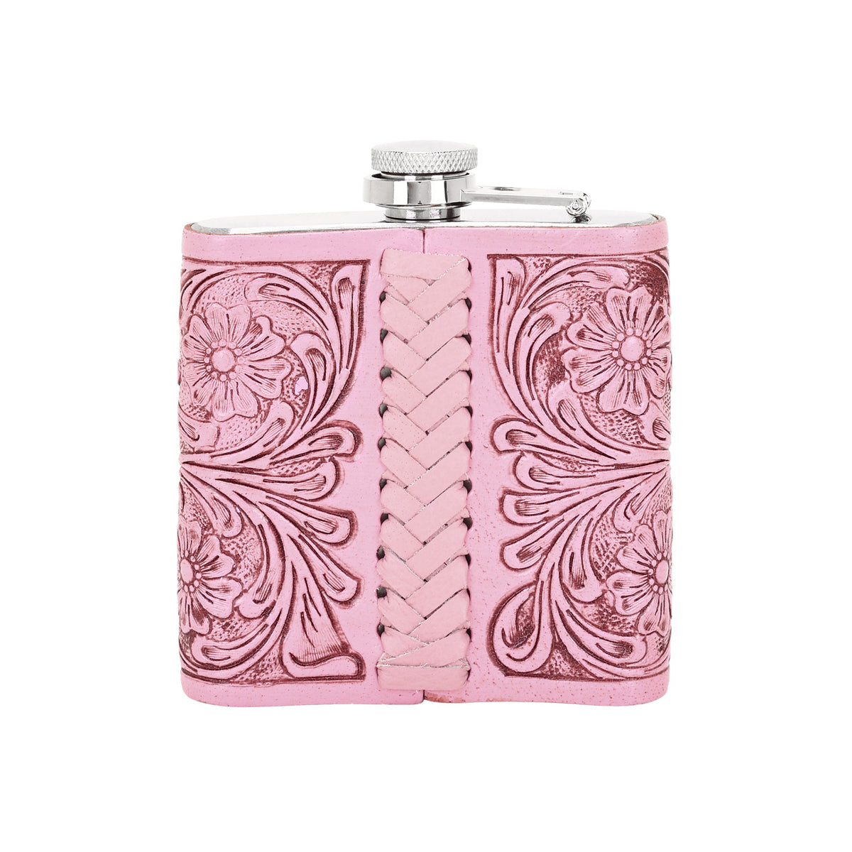 Myra Mountain Trail Flask in pink with hand tooled leather, 6 oz - Myra USA