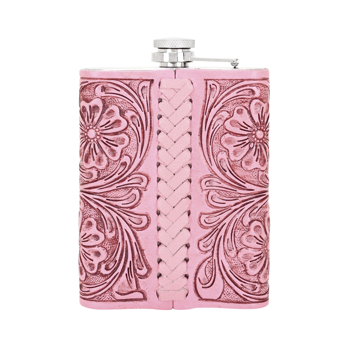 Myra Mountain Trail Flask in pink with hand tooled leather, 8 oz - Myra USA