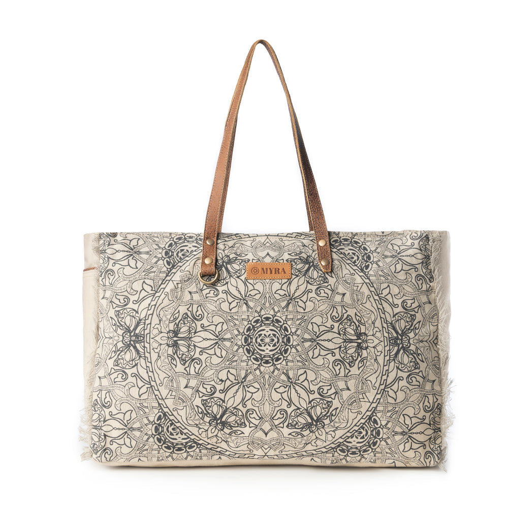 Wildmandala Weekender Bag for Women in ivory with vintage print detail - Myra USA