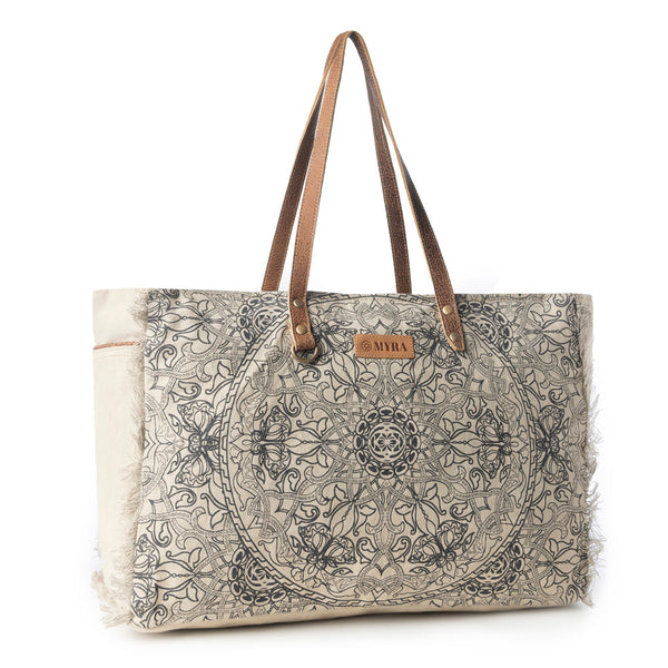 Wildmandala Weekender Bag for Women in ivory with vintage print detail - Myra USA