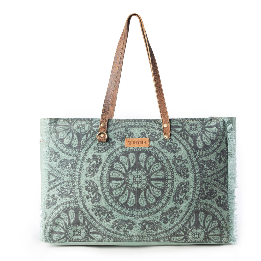Wildtusk Weekender Bag for Women in green with vintage print detail - Myra USA