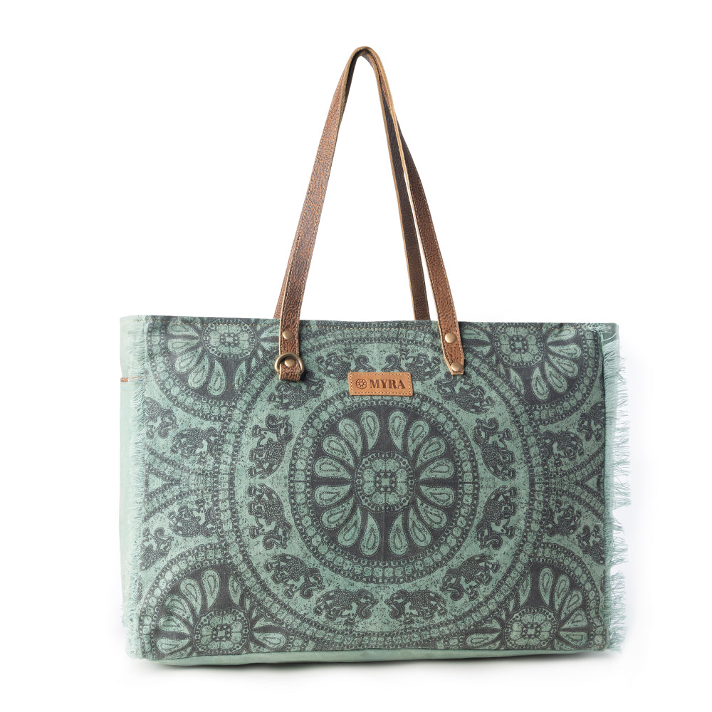 Wildtusk Weekender Bag for Women in green with vintage print detail - Myra USA