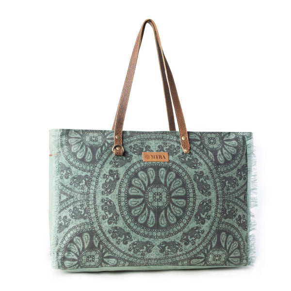 Wildtusk Weekender Bag for Women in green with vintage print detail - Myra USA