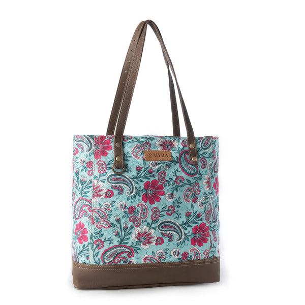 Pinkpaisley upcycled canvas Tote Bag for Women in pink with leather detail - Myra USA