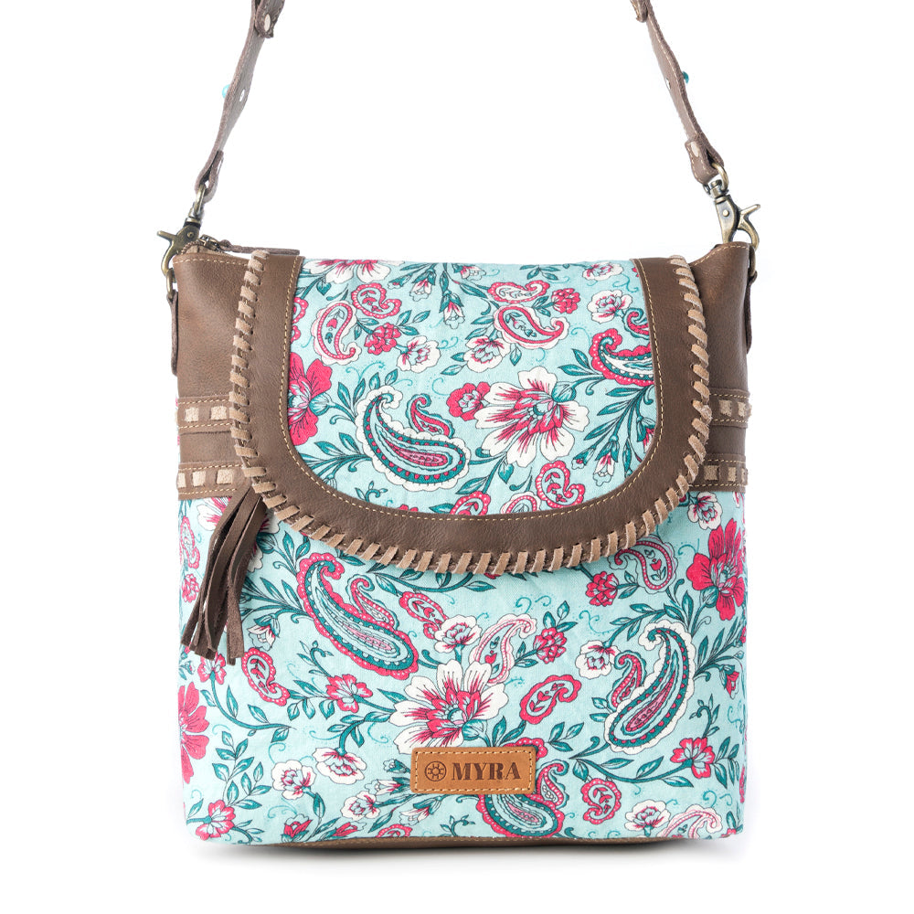 Lagoon Lily upcycled canvas Bag for Women in blue with leather and weaved flap - Myra USA