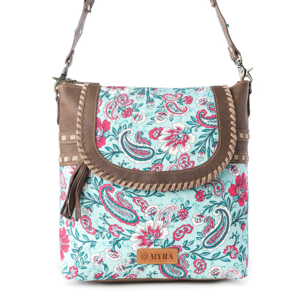 Lagoon Lily upcycled canvas Bag for Women in blue with leather and weaved flap - Myra USA
