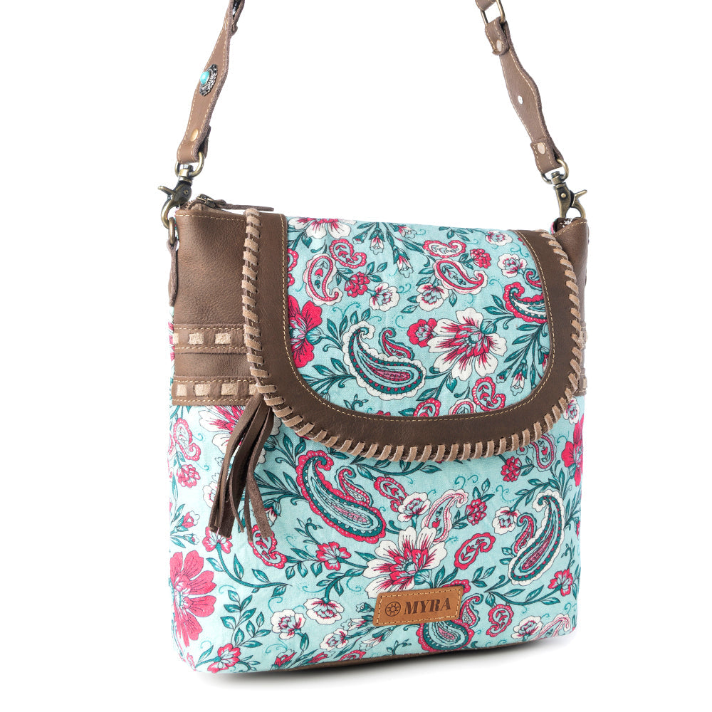 Lagoon Lily upcycled canvas Bag for Women in blue with leather and weaved flap - Myra USA